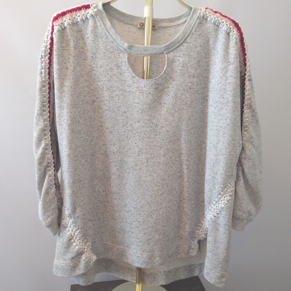 Democracy Sweatshirt Womens 1X Gray Crochet Trim Keyhole French Terry WTV06085E